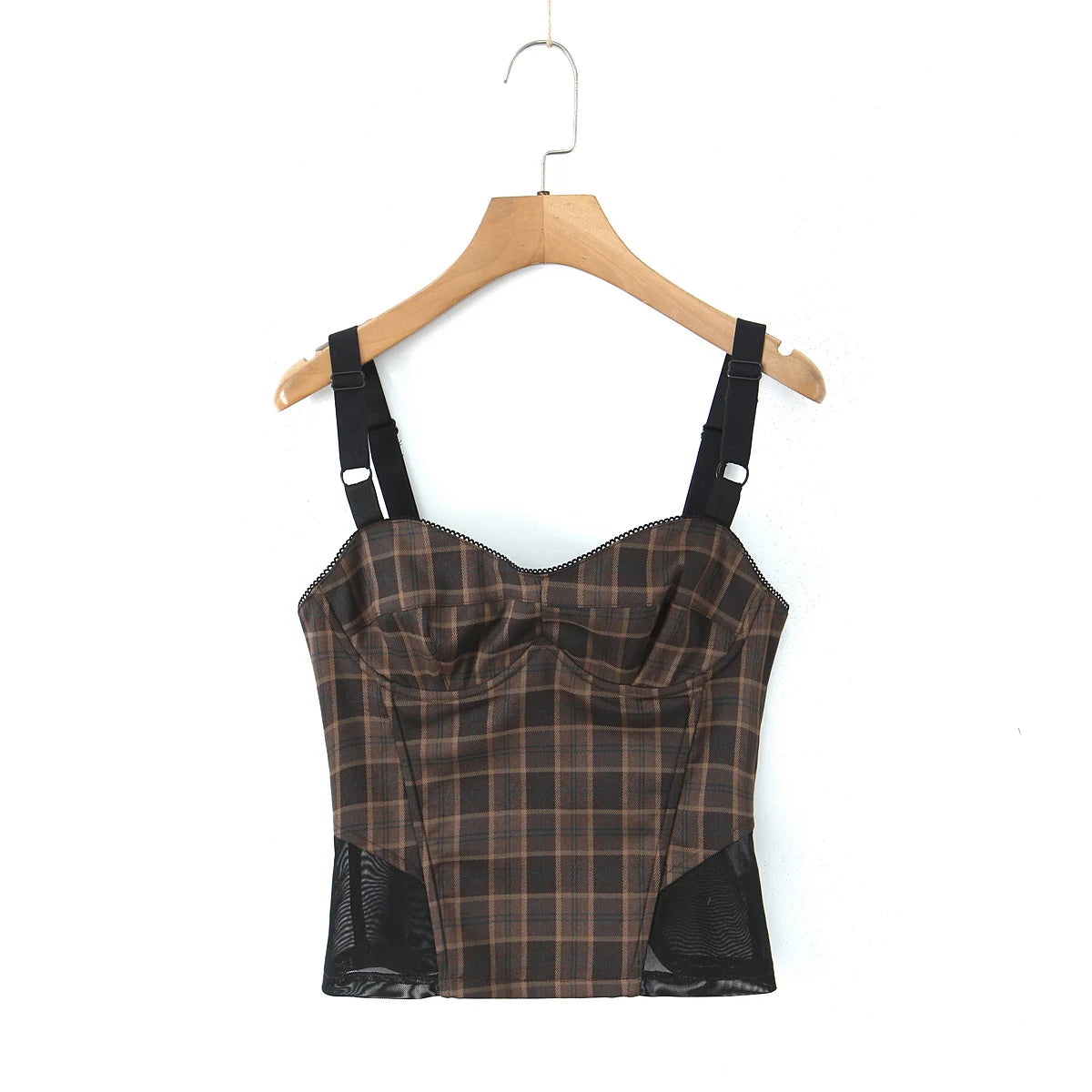 Lunivop  Sexy Ruched Wire Bra Coffee Plaid Camis Women Spliced Black Mesh Waist Back Zipper Crop Top Camisoles Bra Tank Vest