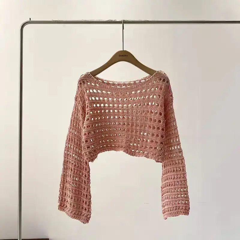 Lunivop Long Sleeve Crochet Knit Top Summer Beach Bikini Cover Up Crop Pullover Wool Knitwear Blouse Women Vacation Boho Outfit