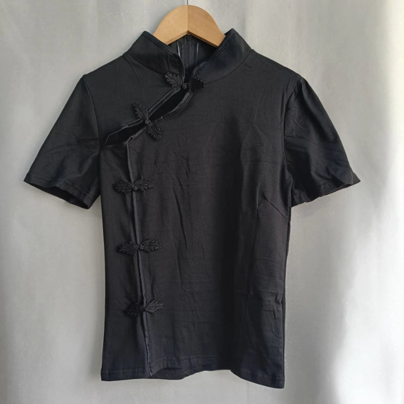 Lunivop  New Chinese Style Casual All-match T-shirt Elegant Slim Frog Button Stand Collar Ropa Mujer Casual Personalized Tshirts