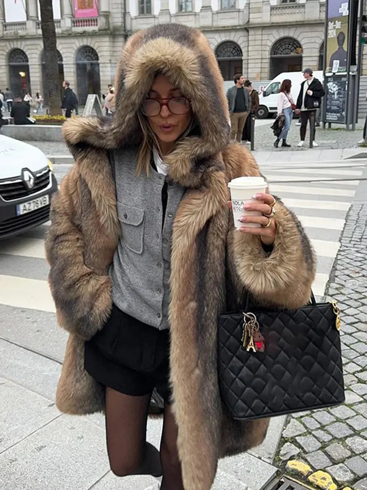 Lunivop Luxury Faux Fur Coat With Hoodies Women Elegant Loose Long Sleeved Coats Female Autumn Winter Thickening High Street Outwear Top