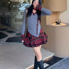 Lunivop Spring New Polo Collar Asymmetric Contrast Color Patchwork Long-sleeved T-shirt Women + Pleated Plaid Skirt Two-piece Suit