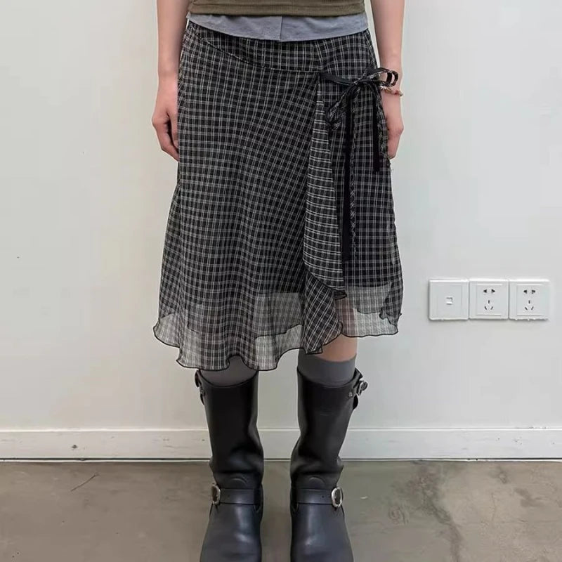 Lunivop  Deeptown Vintage Plaid Mesh Skirts Women Japanese Asymmetrical Mid Skirt Y2k Harajuku Lace Up Short Skirts Aesthetics Elegant