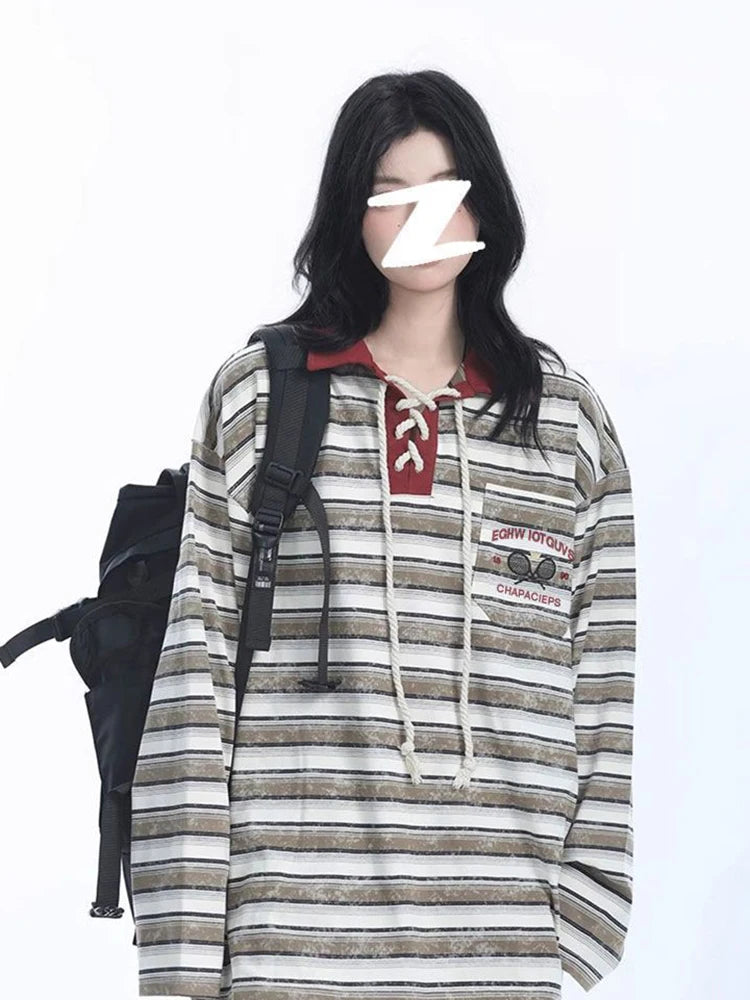 Lunivop Retro Preppy Style Striped T Shirt Women Loose Long Sleeve American Retro Tees Fall New Letter Embroidery Lace Up Patchwork Tops