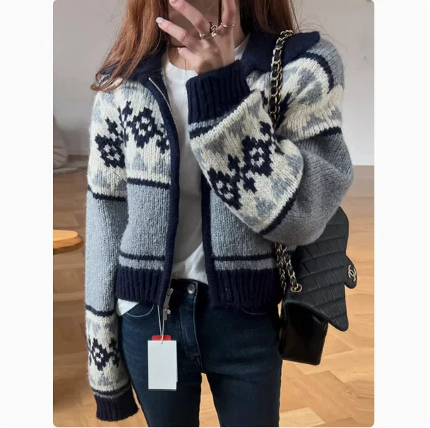 Lunivop Zip Up Cardigan for Women Fair Isle Print Zipper Front Knitted Sweater Jacket Teen-girl Autumn Winter Vintage Chic Outfit