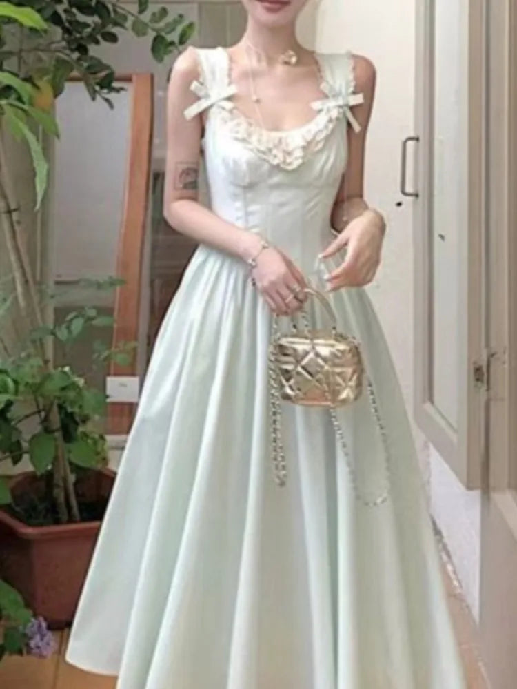 Lunivop  French Style Lace Patchwork Bow Sleeveless Sweet Dresses Backless Elegant Square Collar Party Dress Female Waist A -line New