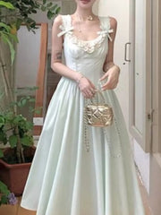 Lunivop  French Style Lace Patchwork Bow Sleeveless Sweet Dresses Backless Elegant Square Collar Party Dress Female Waist A -line New