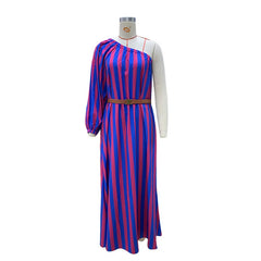Lunivop  Striped Maxi Dress Women Off Shoulder One Sleeve Skew Neck Party Club High Waist with Sashes A-line Long Dress