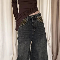 Lunivop  New Y2K Leopard Patchwork Wide Leg Jeans Women Harajuku Contrast Color Loose Denim Pants Autumn Oversized Streetwear Trousers