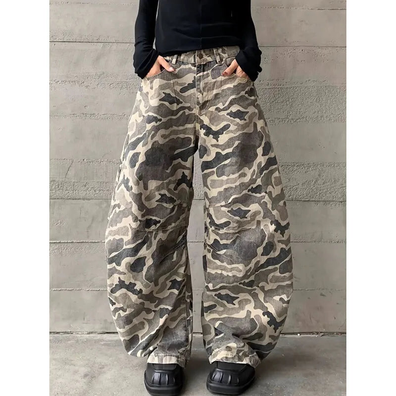 Lunivop Autumn Winter New Low Rise Jeans Y2k Ladies American High Street Baggy Pants Woman Camouflage Drawstring Mop Jeans for Women