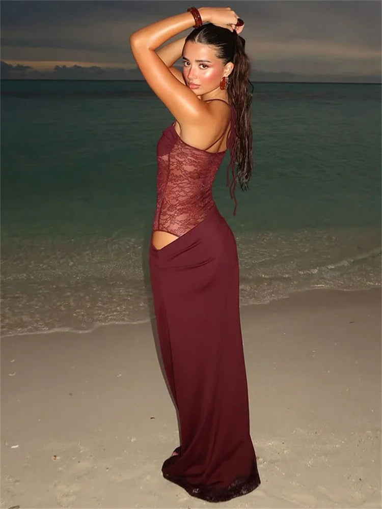 Lunivop  Lace See-Through Patchwork Long Dress Female Spaghetti Backless High Waist Fashion Hollow Out Dress Spring Bandage Dress