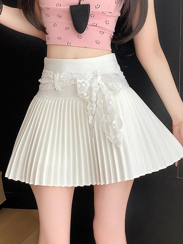 Lunivop  Lace Belt Pleated Skirt Women Sweet High Waist Sexy Mini Skirts Korean Fashion Casual Preppy Style Cute A Line Dance Skirt
