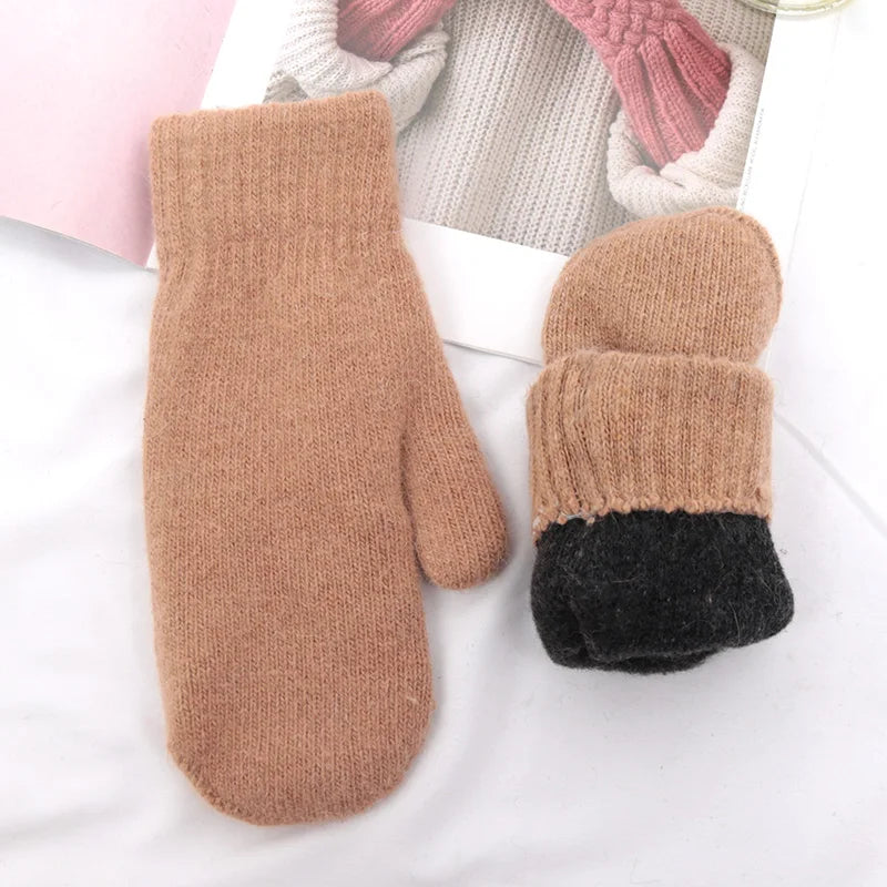 Lunivop Women Winter Keep Warm Plus Cashmere Solid Color Woolen Elasticity Soft Full Fingers Mittens Girls Black Fur Knitted Cute Gloves