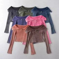 Lunivop  American Retro Gradient Color Rib Knitted Off the Shoulder Cardigan Women Zipper Up Flare Sleeve Slim Stretch Knitwear Jumper