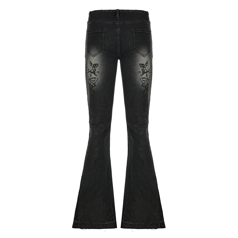 Lunivop  Streetwear y2k Flare Jeans Distressed 2000s Floral Print Low Rise Slim Denim Pants Korean Women Trousers Retro Mom Jeans