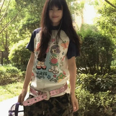 Lunivop  Women T Shirts Cartoon Printed Patchwork Vintage Y2k Tops Summer 2025 Fashion O Neck Funny Sweet Female Casual Tshirt