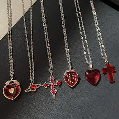 Lunivop Simple Red Glass Cross Cherry Strawberry Heart Pendant Necklace for Women Stainless Steel Jewelry Accessories