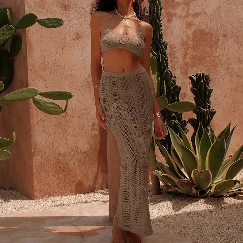 Lunivop  New Style Tie Up Top Slim Skirt Suit Knitted Beachwear Cover Up With Flower Decoration Sexy Fashion Hollow Out Vacation Cover-Up