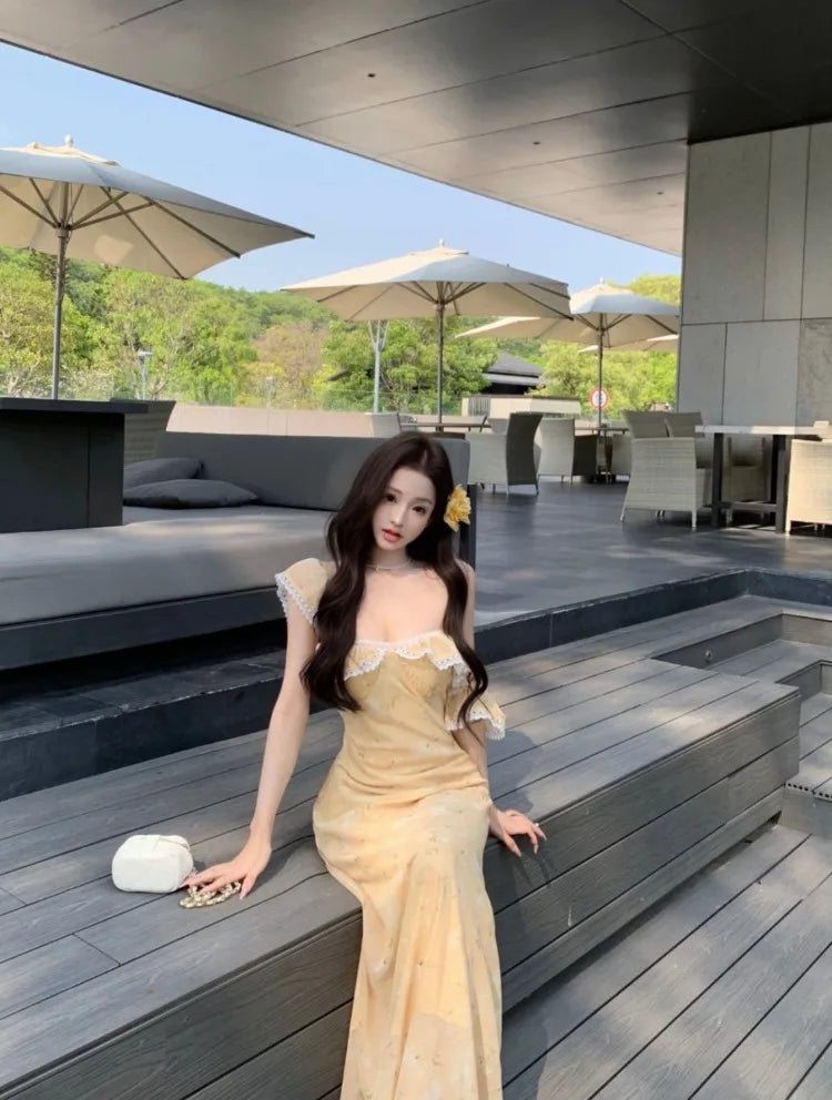 Lunivop  Woman Dress Lace Patchwork Ruffles Off Shoulder Summer Fashion French Style Chic Elegant Party Dresses Female Casual