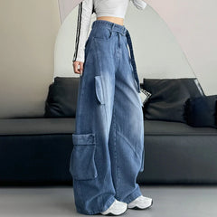 Lunivop  American Hip Hop Big Pocket Cargo Jeans Women Autumn Winter Oversized Wide Leg Jeans Popular Vintage Blue Denim Pants Mujer
