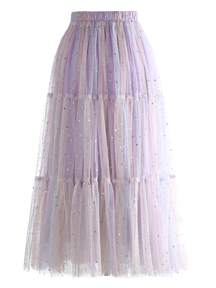 Lunivop Fashion Gradient Color Sequin Skirt Women's Large Swing Mesh Fluffy Skirts 2025 Summer New Tide