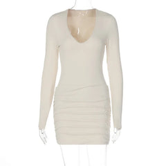 Lunivop  Basic Ruched Bodycon Mini Dress Women Solid Sexy V Neck Long Sleeve Peach Hips Slim Party Clubwear Autumn Casual Streetwear
