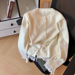 Lunivop  Simple Office Lady Lace Up Patchwork Cardigan Korea Chic Age Reduction Sweet Lace Jumper Slim Waist Lace Up All-match Top
