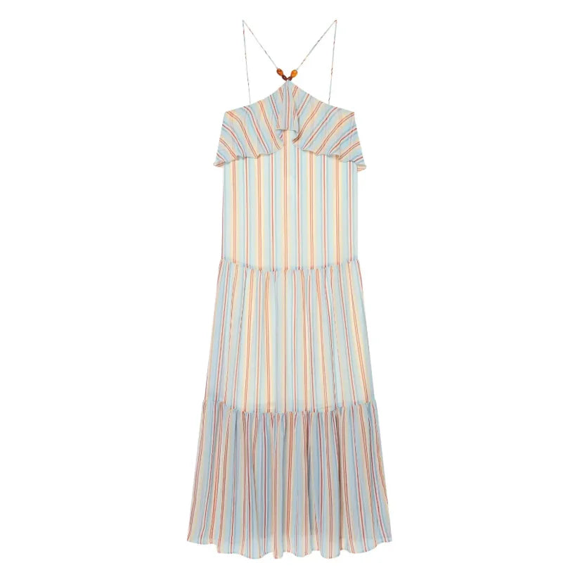 Lunivop  Elegant Halter Striped Women's Long Dress Chic Double-layer Pleated Sleeveless Loose Vestidos Lady Summer Daily Street Wear