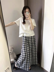 Lunivop Plaid Long Skirt Women Vintage Ruffle Kawaii Midi Skirt Preppy Style Korean Fashion Loose Casual A-line Retro Skirts