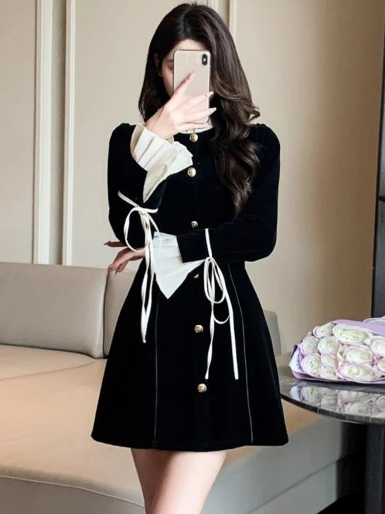 Lunivop  Y2K Black Mini Dresses for Women Single Breasted Flare Long Sleeve Ruffles Evening Party Dress Autumn Fashion A-Line Vestidos