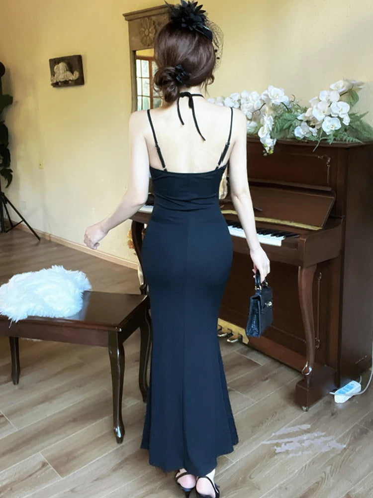 Lunivop  Women New Red Sexy Bow Flower Sling Long Dress Summer Elegant Ruffled Luxury Dress 2025 Korean Vintage Bodycon Dance Party Dress