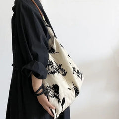 Lunivop  Retro Double Layer Cloth Tote Bag Women Black Rose Large Capacity Shoulder Bag Ladies Elegant Daily Casual Underarm Bags