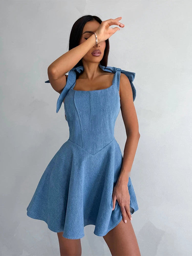 Lunivop   Corset Denim A-line Mini Dress Women Summer Chic Sleeveless Lace Up Backless Strap Sexy Robes Ladies Evening Party Short Dress