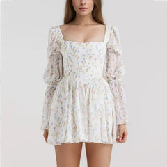 Lunivop  Women Square Collar Flower Print Lotus Root Node Full Sleeve Dress Back Zipper A-line Hem Mini Mini Holiday Robe