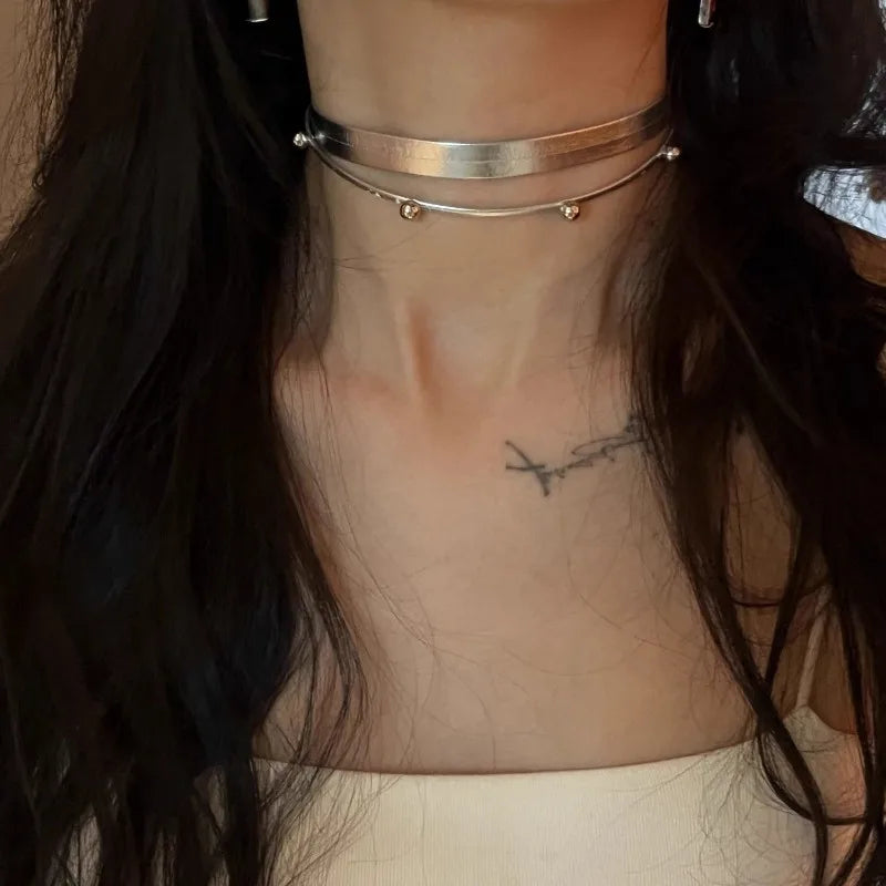 Lunivop Silver Cyberpunk Choker Necklace Double Layer Collar Hip Hop Necklace with Leather Neckband for Spicy Girl Party Birthday Gifts