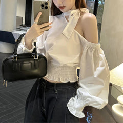 Lunivop High Street Strapless Lace-up Loose Long Sleeve Shirt Women Autumn New Korean Skew Collar Solid Color Casual Ruffled Blouse