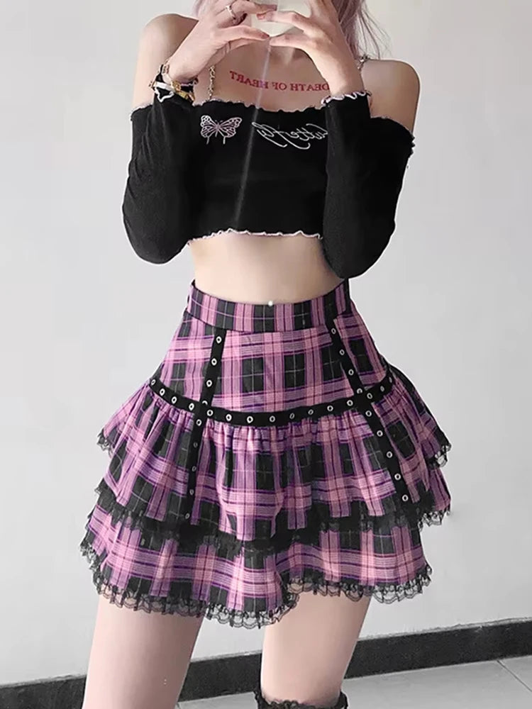 Lunivop  Mall Goth Gothic Lace Ruffle Mini Skirts Womens Harajuku Fairy Grunge Pink Plaid Pleated Skirt Japanese Lolita Streetwear