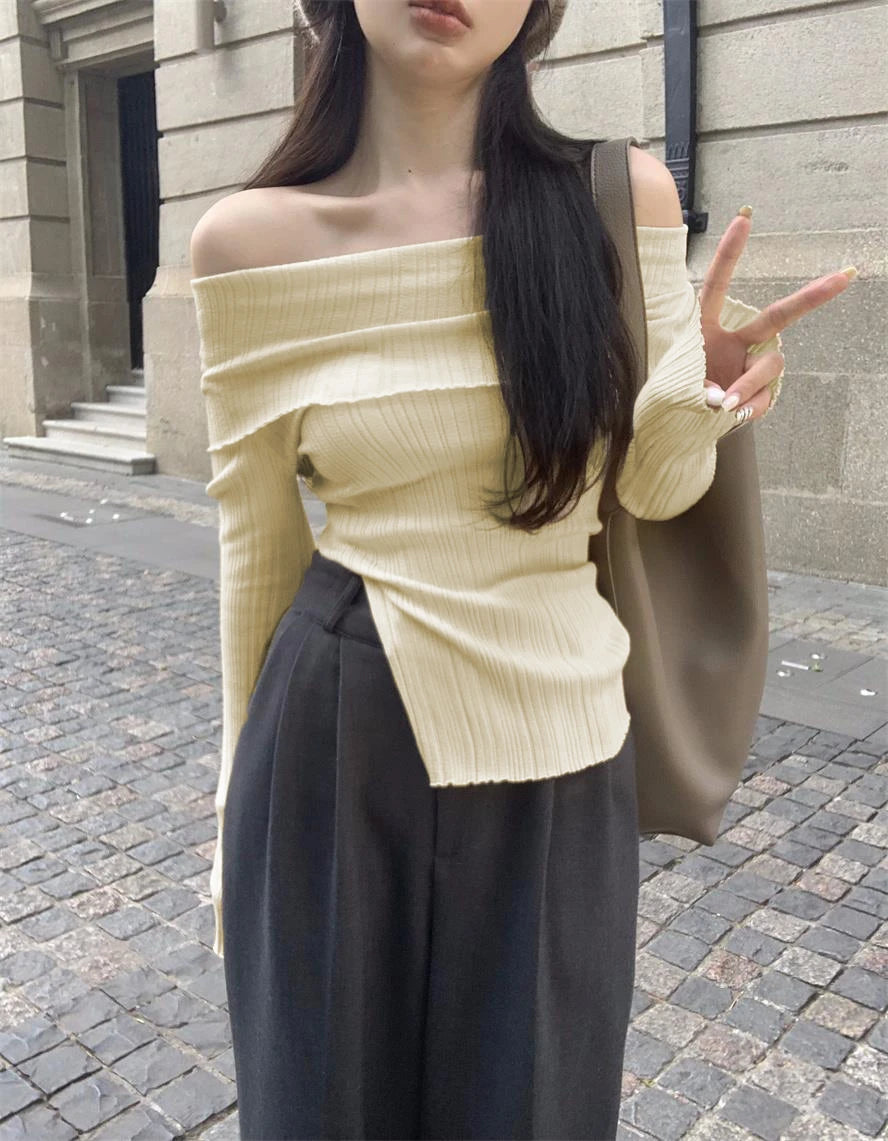Lunivop Off Shoulder Knit Top for Women Long Sleeve Off-The-Shoulder Ribbed Knit Pullovers Women Sweater Y2K Outfit
