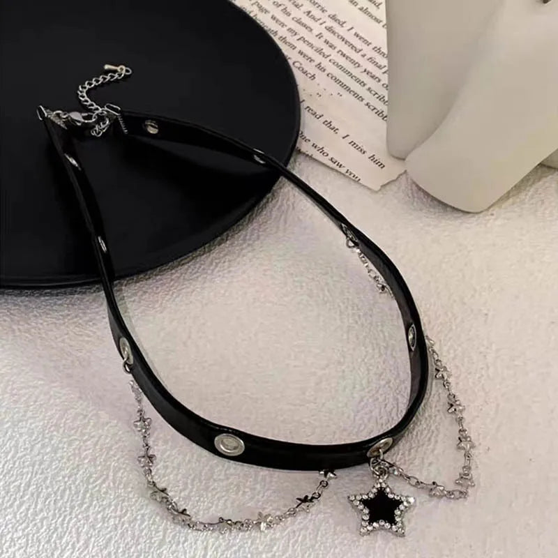 Lunivop Punk Vintage Star Heart Pendant Rope Chain Necklace Women Goth Pentagram Silver Color Choker Chain Charm Y2K Grunge Accessories
