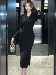 Lunivop  Black Long Sleeve Bodycon Office Lady Dress Autumn Winter Solid Patchowrk Fake Two Piece Dress Korean Elegant Women's Dress