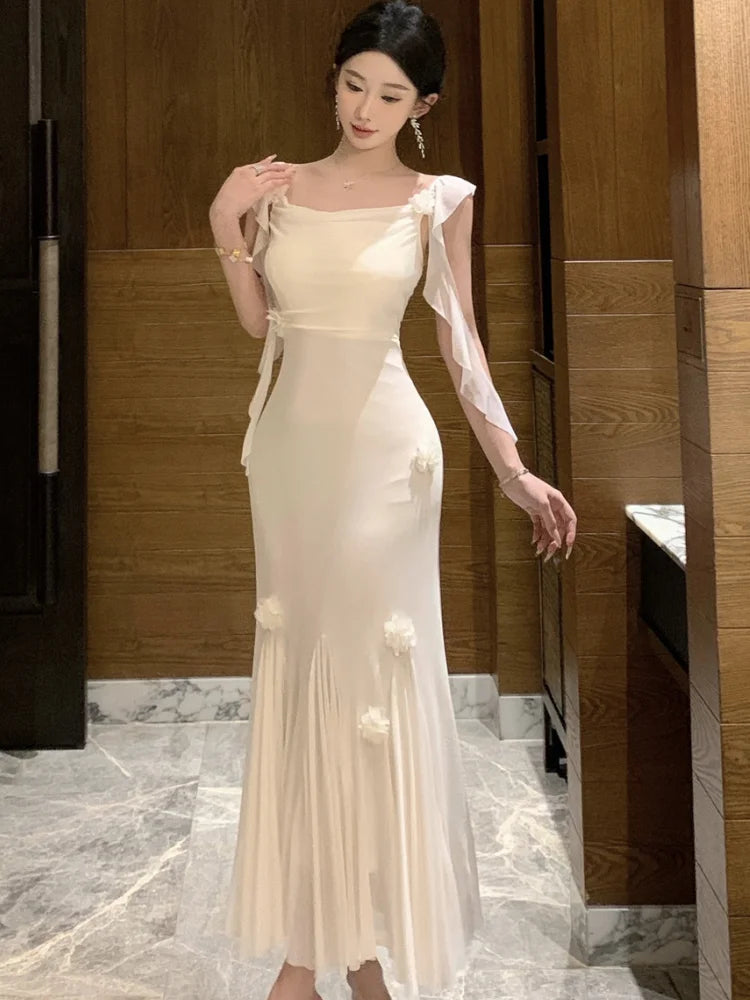 Lunivop Fashion Slim Wasit Bodycon Evening Women Dresses New Flying Sleeve Korean  Sexy Elegant Mesh Solid Flowers Mermaid Dress