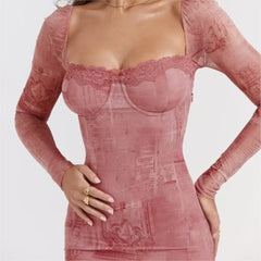 Lunivop  Sexy Mesh Spliced Lace Low Chest Corset Style Midi Dress Tie-dye News Paper letter Print Long Sleeve Package Hips Party Dresses