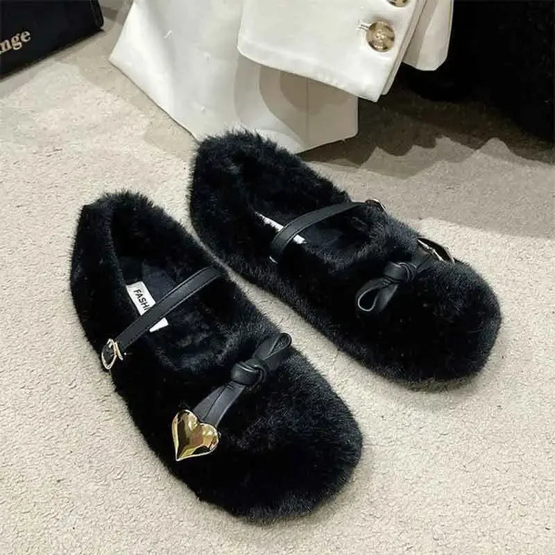 Lunivop Fashion Round Toe Wool Ballet Flats Woman Concise Warm Plush Loafers Ladies Brand Design Fluffy Mary Jane Shoes Zapatos De Mujer