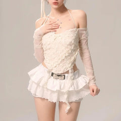 Lunivop  Y2k Aesthetic Lace Patchwork Mini Skirts Summer Streetwear Grunge Bow Fairy Faldas Women Sweet Cute Ruffled High Waist Skirt