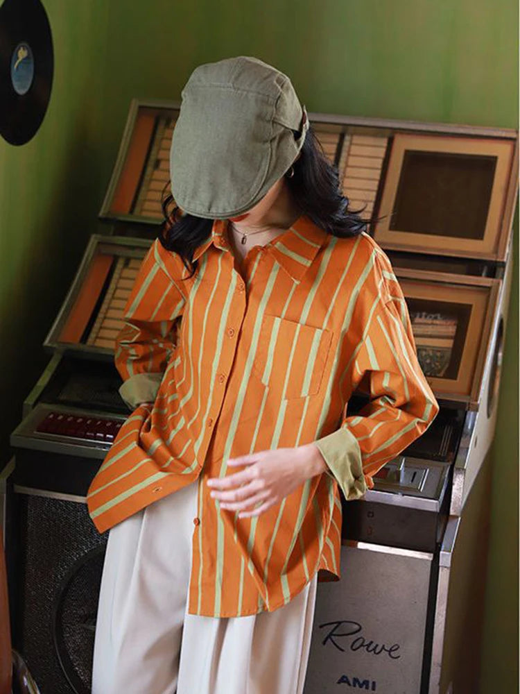 Lunivop Vintage patchwork Women Striped Shirt Korean 90S Casual Long Sleeve Blouse Turn Down Collar Female Beautiful Design Tops