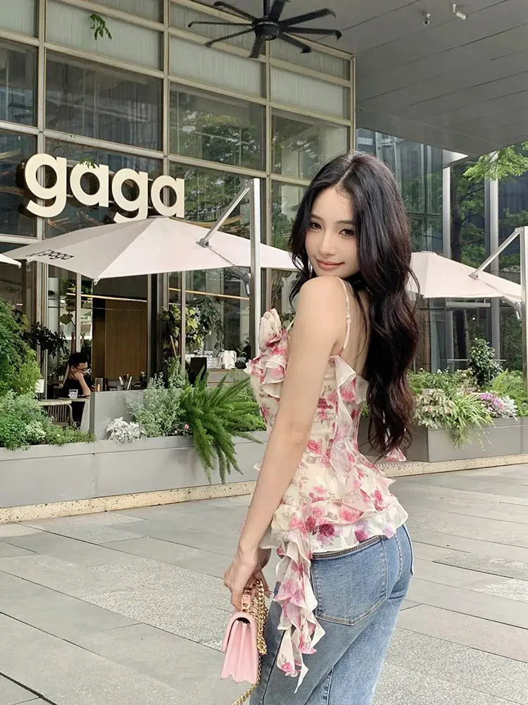 Lunivop  Irregular Camis Women Sweet Sexy Floral Printed Slash Neck Vintage Summer Fashion Holiday Tank Tops Female Casual