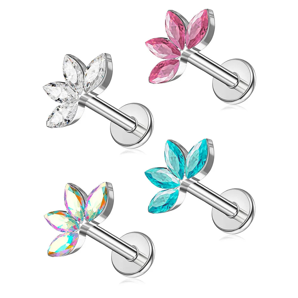 Lunivop  4pcs Professional Piercing Kit,  Zirconia Flat Back Labret Lip Cartilage Studs, Bulk Supply for Jewelry Stores