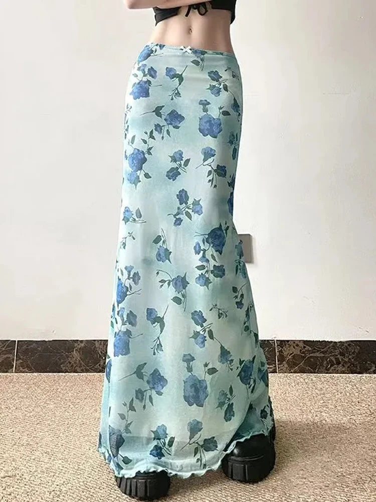 Lunivop  Vintage Mesh Floral Long Skirt Women Elegant Low Waist Slim Sexy Skirts Retro American Streetwear Casual Elastic Long Skirt