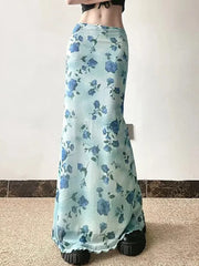 Lunivop  Vintage Mesh Floral Long Skirt Women Elegant Low Waist Slim Sexy Skirts Retro American Streetwear Casual Elastic Long Skirt