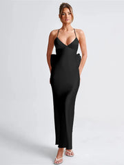 Lunivop Bow Backless Sexy Maxi Dress For Women Satin Spaghetti Strap V Neck Sleeveless Sexy Club Party Long Dress Elegant