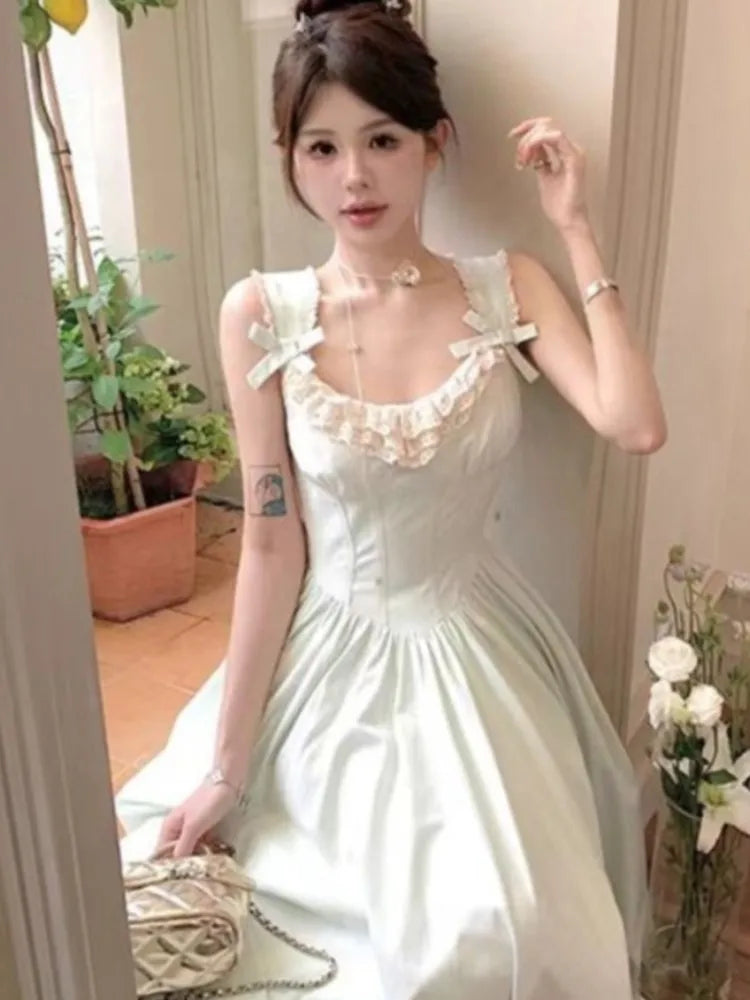 Lunivop  French Style Lace Patchwork Bow Sleeveless Sweet Dresses Backless Elegant Square Collar Party Dress Female Waist A -line New